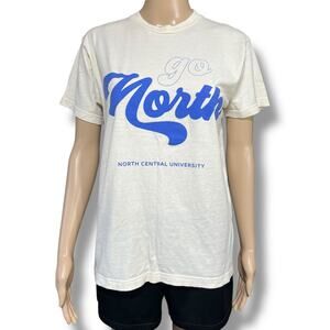 North Central University Womens T Shirt Top Go North Short Sleeve Beige Blue Med